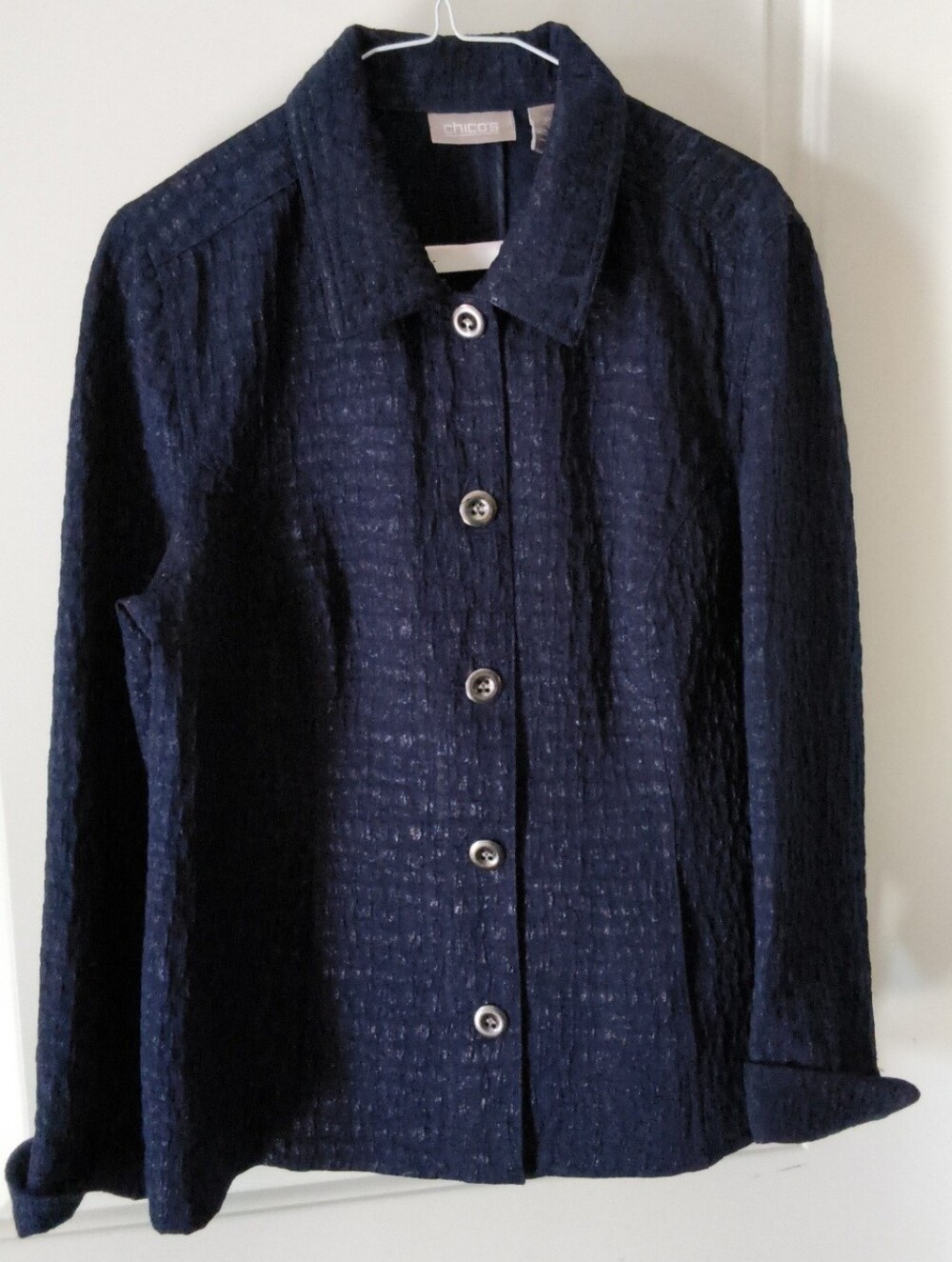 Chico's Dark Navy Textured Button Jacket
